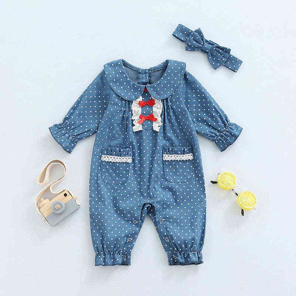 

rompers new fashion newborn baby denim romper autumn baby pop collar long sleeve cotton baby clothes dots jumpsuit toddler outfits j220922, Blue