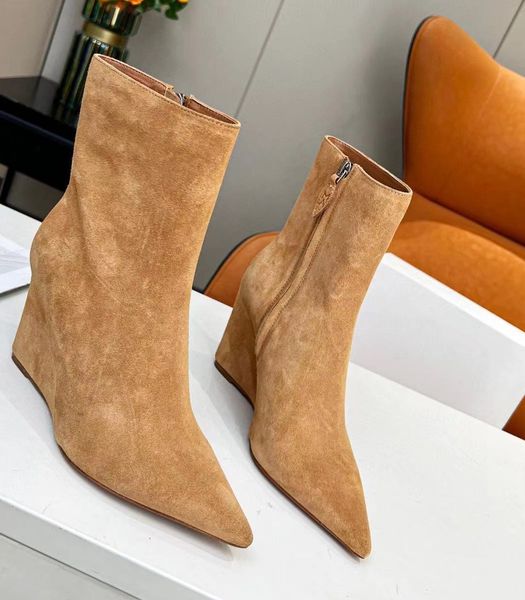 

2022 autumn winter women short boots pointed toe genuine leather wedges hell modern boot zipper zopper ankle boots, Black