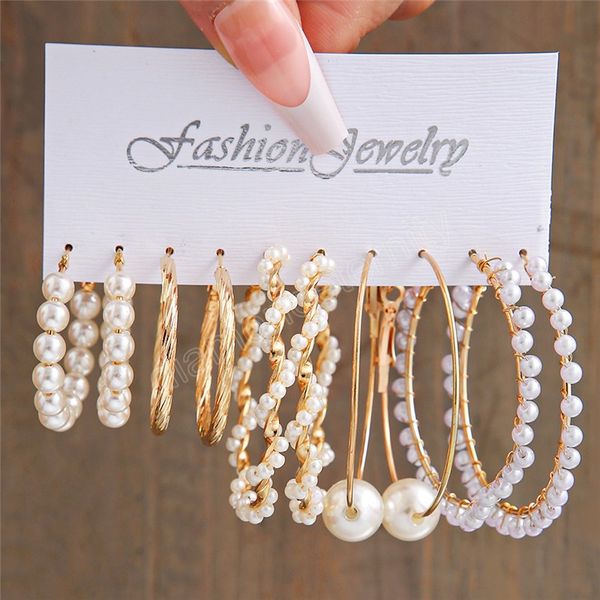 

vintage gold geometric women's dangle earrings set fashion pearl circle hoop earrings for women brincos trend female jewelry gifts, Silver