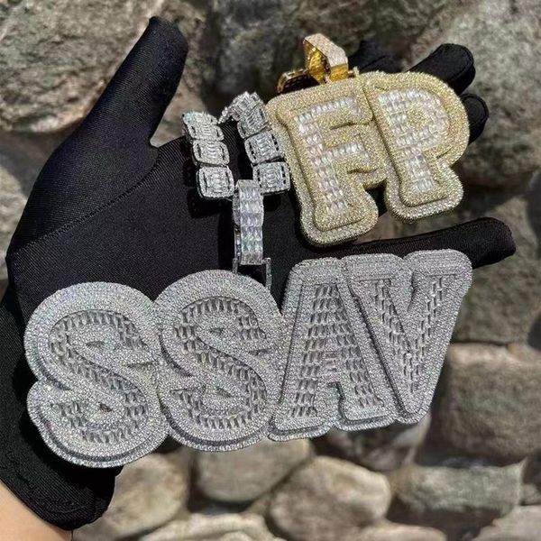 

men women fashion custom iced out letter pendant name necklace baguettes chain micro paved cz personalized hiphop jewelry with 3mm 24inch ro, Silver