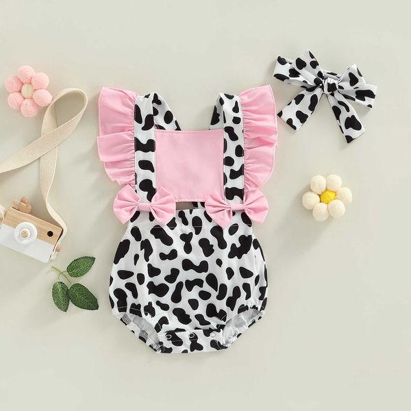 

rompers baby rompers headdress summer newborn baby clothes for girls ruffle sleeve cow print jumpsuit baby clothes casual outfits j220922, Blue