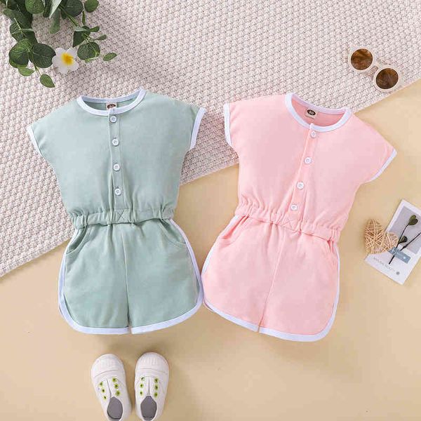 

rompers children girl jumpsuit shorts with round neck short sleeves elastic waist button design summer solid color playsuits j220922, Blue