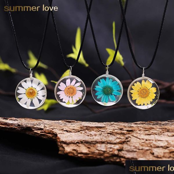 

pendant necklaces sale transparent dried flower glass pendant leather necklace for women made with love pink blue long gift card drop dhobn, Silver