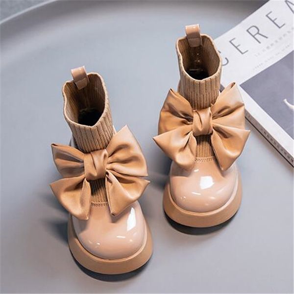 

Autumn Kids Socks Boots Fashion Childrens Single Boot Patent Leather Bow Child Girls Leather Shoes, Black