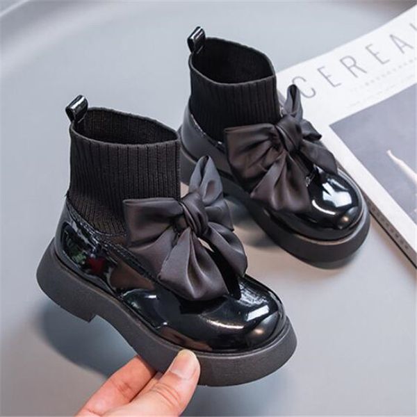 

Childrens Boots Fashion Patent Leather Bow Child Girls Leather Shoes Autumn New Kids Socks Single Boot, Black