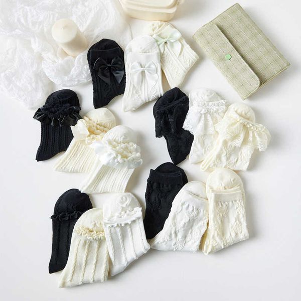 

1pc socks hosiery solid color tube women's autumn and winter new lolita japanese lace cute bow girls y2209, Black;white