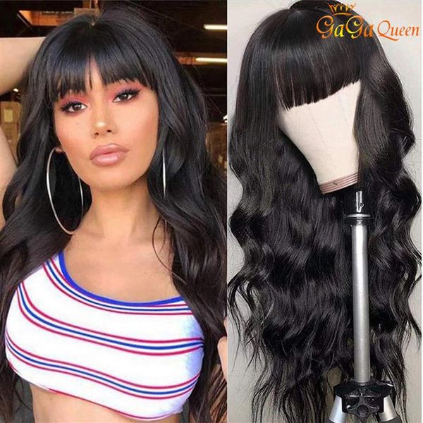 

peruvian body wave human hair wig 150% density body wave hair wigs with bangs for women2149, Black;brown