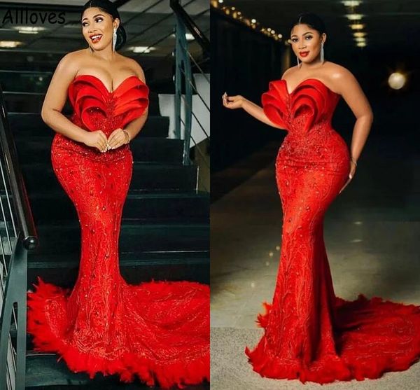 

sweetheart red furs mermaid prom dresses arabic aso ebi lace appliqued ruched sequins evening formal occasion gowns plus size reception part, Black