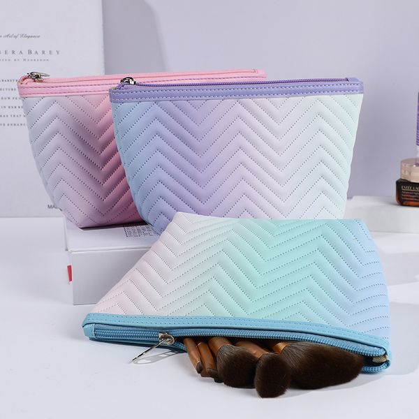 

10pcs cosmetic bags women pu gradient stripes triangle shaped solid wash bag