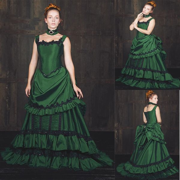 

vampire cosplay costume gothic prom dress madeline emerald hunter green puffy lace-up corset square renaissance evening dress, Black