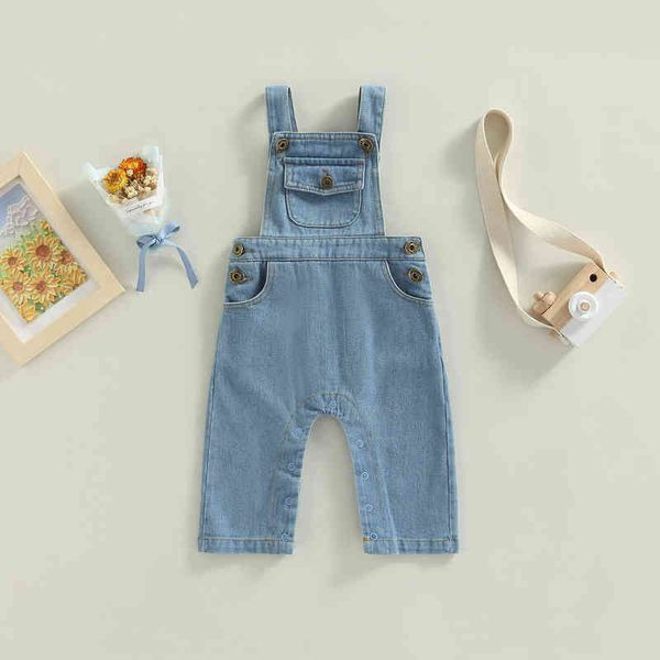 

rompers 324m summer infant baby girls denim overalls sleeveless button closure jumpsuit long pants with pockets for casual wear j220922, Blue