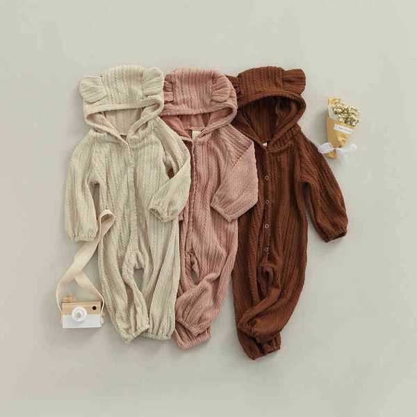 

rompers 018m newborn baby knitted jumpsuits autumn winter soft cotton rompers overall boys girl hooded bear ear jumpsuits j220922, Blue