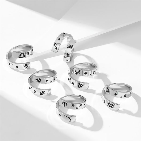 

stainless steel 12 constellation ring for women vintage zodiac sign aesthetic wedding ring fashion finger accessories jewelry, Silver