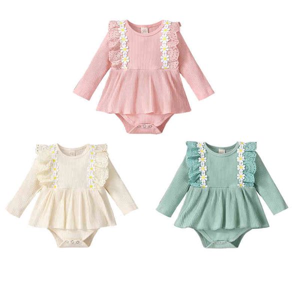 

rompers newborn baby children baby girls autumn causal ribbed bodysuits ruffle long sleeves floral cotton jumpsuits outfit 024m j220922, Blue