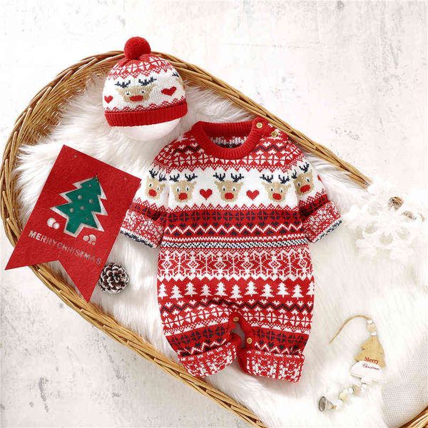 

rompers christmas newborn baby autumn winter warm knit boys costume girls clothes overall jumpsuits hat j220922, Blue