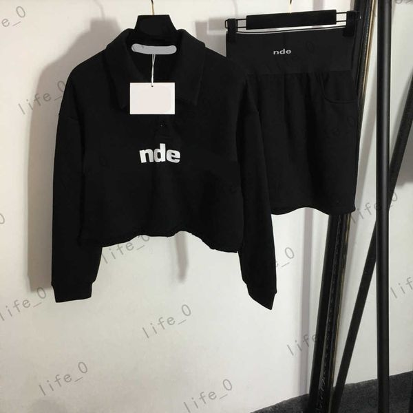 

designer womens two piece dress sweatshirt lapel letter logo print elastic high waist skirt fashion women two pieces sets 1970, White