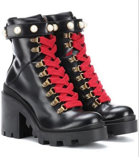

winter brand black leather trip ankle boots women faux pearl-embellished strappy lady embroidered bee platform heels motorcycle booties eu35