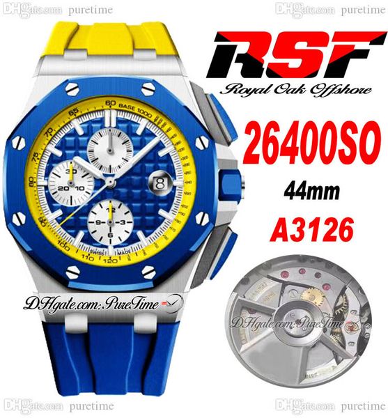

rsf 2640 44mm a3126 automatic chronograph mens watch ryder cup europe ceramic bezel blue white texture dial yellow rubber strap 2022 super e, Slivery;brown