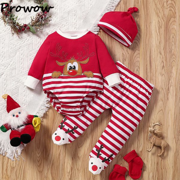 

clothing sets prowow 0-18m my first christmas baby outfits boy cartoon deer romperstriped footed pantshat happy year costume 2023 220922, White
