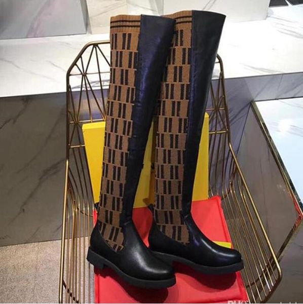 

women 's over the knee boots brand shoes breathable luxury letter knitting fashion outdoor socks flat elastic f size, Black
