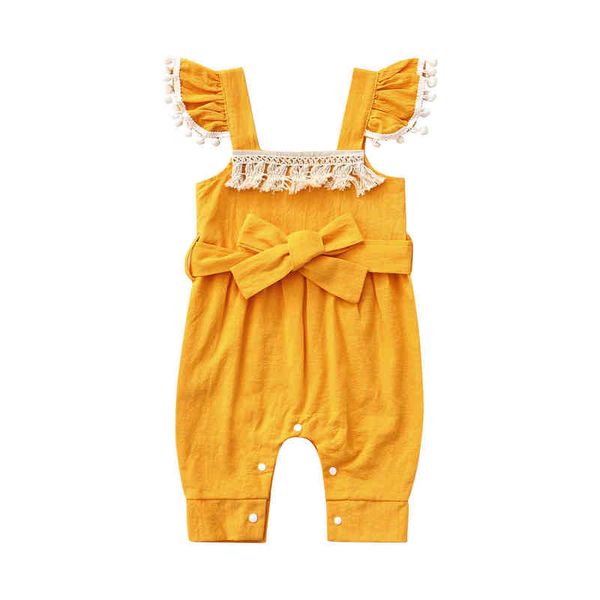 

rompers toddler clothes baby girl summer jumpsuit band sleeveless square neck tassel decoration romper with bow belt j220922, Blue