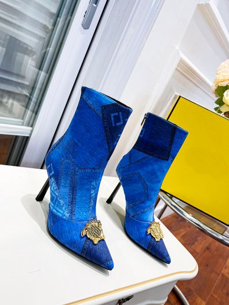 

2022 fendace denim patchwork ff jacquard boots designer luxury women high heel boot fashion pointed zipper ankle knee booties07, Black