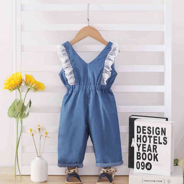 

rompers fashion toddler baby girls summer denim romper sleeveless vhals lace trim jumpsuit kid baby girls long playsuit j220922, Blue