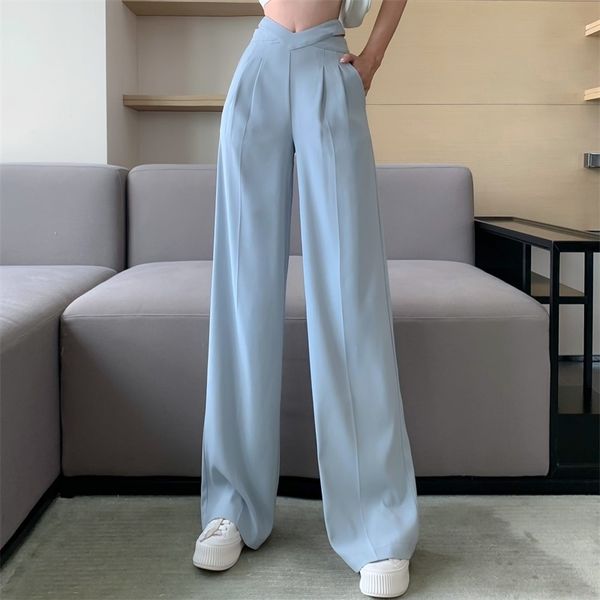 

women's pants capris casual autumn hollow out high waist design wide leg straight suit solid black blue trousers 220922, Black;white