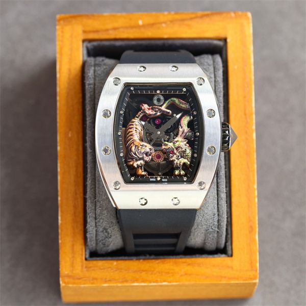 

51-01 montre de luxe mens watches automatic mechanical movement steel case dragon and tiger tourbillon luxury watch wristwatches, Slivery;brown