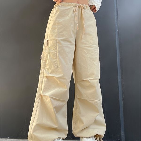 

women's pants capris weekeep light khaki cargo pants streetwear 100 cotton big pocket patchwork casual pants drawstring low waist baggy, Black;white