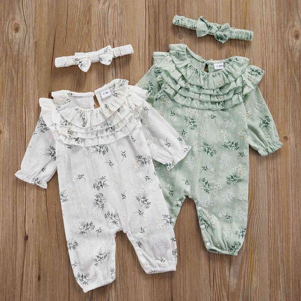 

rompers 018m autumn spring baby clothes set girl baby long sleeve ruffle embroidered rompers headband 2 piece set jumpsuit outfit j220922, Blue