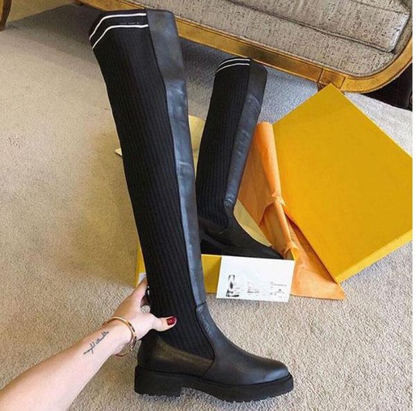 

sock-style flats tall boots high boot designer shoes factory footwear rockoko logo-jacquard stretch fabric black leather over-knee- for wome
