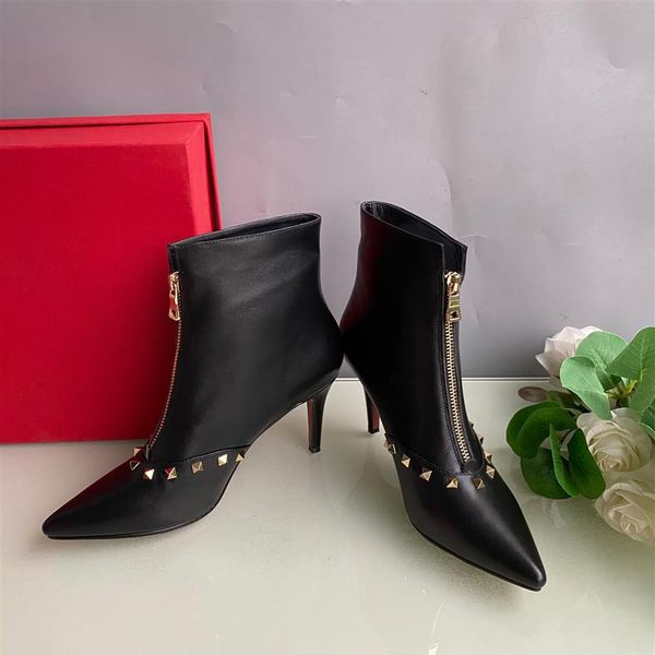 

european classic women's high-heeled boots fashionable metal rivet decoration leather production comfortable and zipper 242a, Black