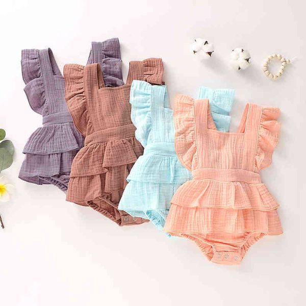 

rompers summer 018m infant baby girls jumpsuit cotton baby girls clothes solid color ruffle sleeveless toddler baby romper j220922, Blue