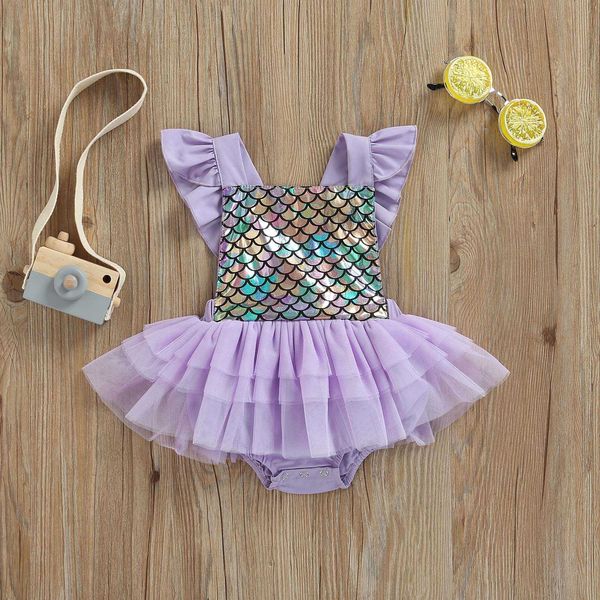 

rompers baby girls romper dress flying sleeve mermaid scale print tulle splicing tutu jumpsuits summer toddler cute clothes j220922, Blue