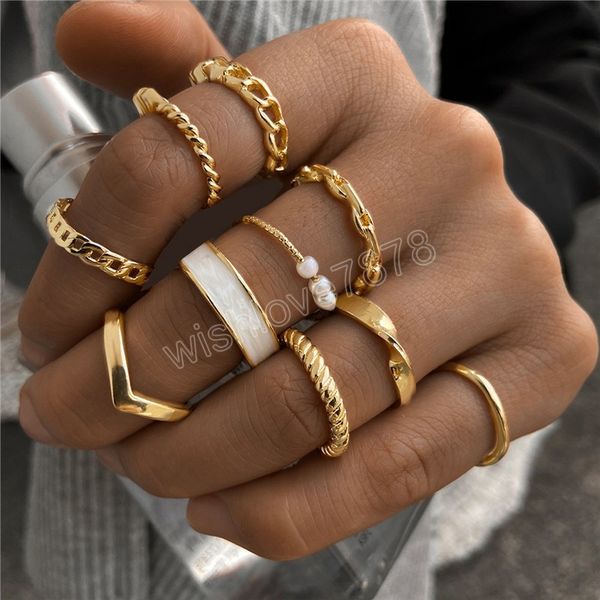 

vintage metal geometric ring set for women's punk gold chain twisted circle pearl finger ring minimalist jewelry gift, Silver