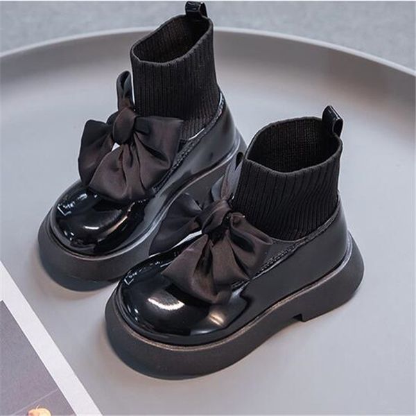 

Girls Patent Leather Bow Martin Boots Kids Autumn Fashion Sock Shoes, Black