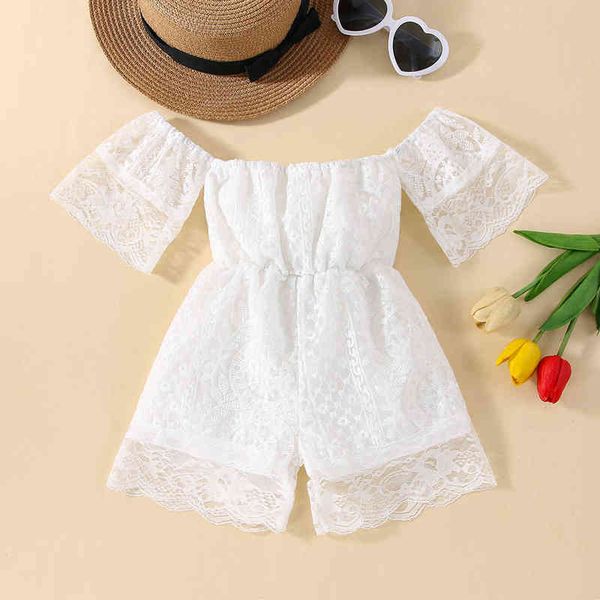 

rompers baby girls summer lace romper flowers short sleeve off shoulder kid overall baby toddler girl jumpsuit shorts 27y j220922, Blue