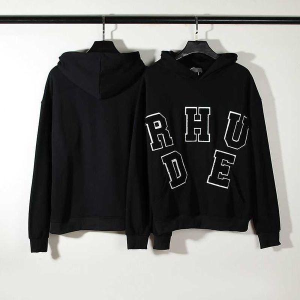 

designer hoodie rhudes warm hooded hoodies sweater suit mens womens chenille patch letter towel embroidered style high hooded loose casual, Black