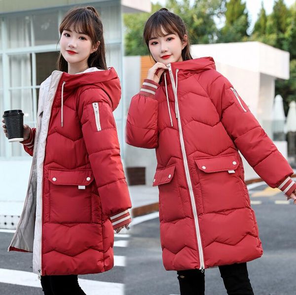 

loose cotton parkas hooded thicken jacket elegant warm padded korean long sleeve pocket winter coat women outwear, Black