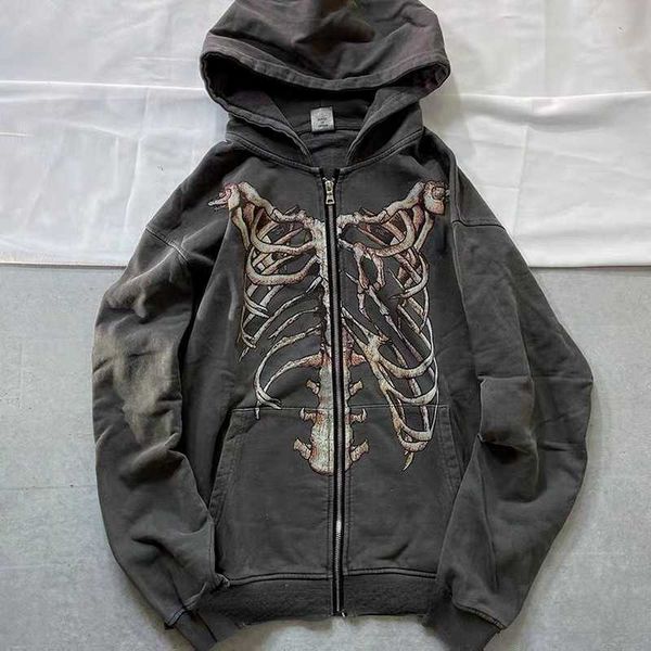 

men's hoodies sweatshirts y2k skeleton print women harajuku gothic long sleeve oversized sweatshirt autumn winter retro zipper loose ho, Black