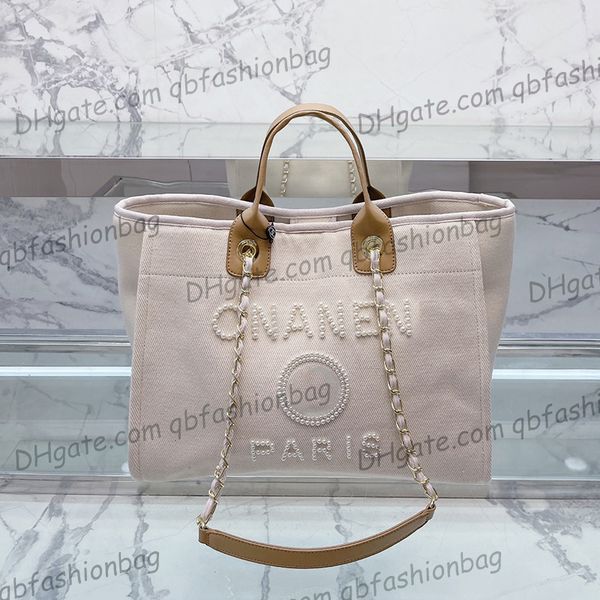 

french womens canvas pearl maxi beach shopping bags deauville chain handle tote pocket large capacity white designer handbags outdoor sacoch