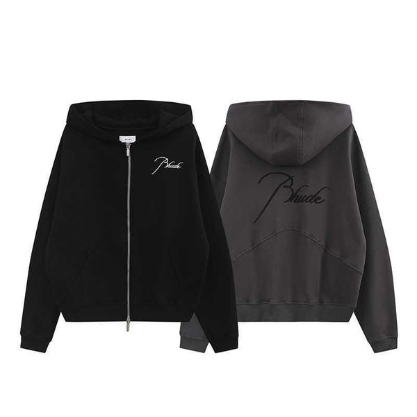 

hoody mens women rhudes designers essentials hoodies fashion zipper letter embroidery hooded cardigan coat men and women loose cotton high, Black