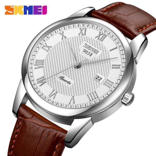 

skmei business mens watches brand luxury leather strap watch men 3bar waterproof quartz wristwatches relogio masculino 9058 0923, Slivery;brown