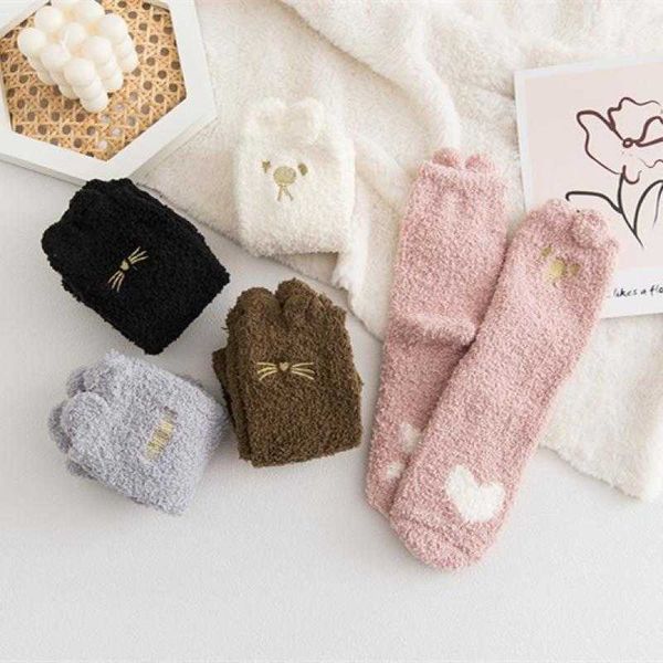 

1pc socks hosiery winter cotton jacquard plus velvet kawaii heart-shaped girl cute cartoon animal ankle funny y2209, Black;white