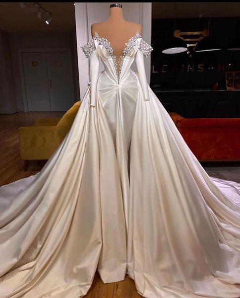 

white elegant mermaid wedding dresses long sleeves deep v neck sequins pearls appliques beaded detachable train satin bridal gowns sweep tra