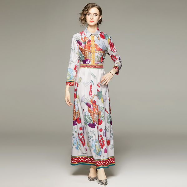 

fashion printed maxi dress long sleeve 2022 runway elegant women casual party button shirt dresses designer slim ladies a-line office cockta, Black;gray
