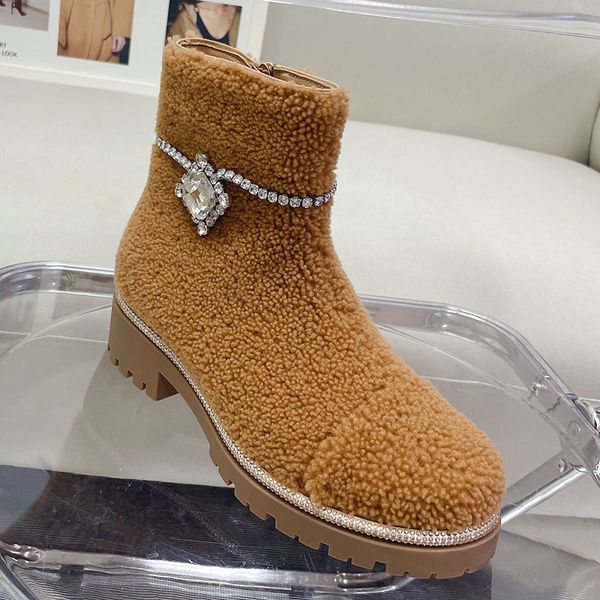 

wool snow boots designer rhinestone crystal buckle sheepskin womens shoes comfortable warm fashion booties round toes flat bottom fur ankle, Black
