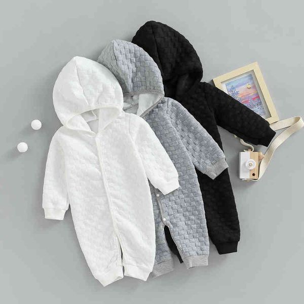 

rompers 2022 baby boys autumn hooded jumpsuit solid color plaid long sleeves casual singlebreasted romper warm outfit j220922, Blue