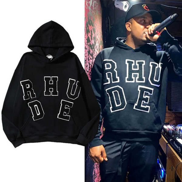 

hoodie mens women rhudes fashion hoodies winter warm man long sleeve patch alphabet towel embroidery high hoodie loose casual luxury, Black